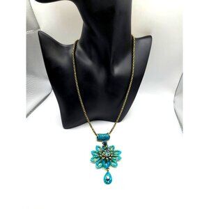 Vintage Peacock Pendant Necklace Blue Rhinestone Statement Jewelry